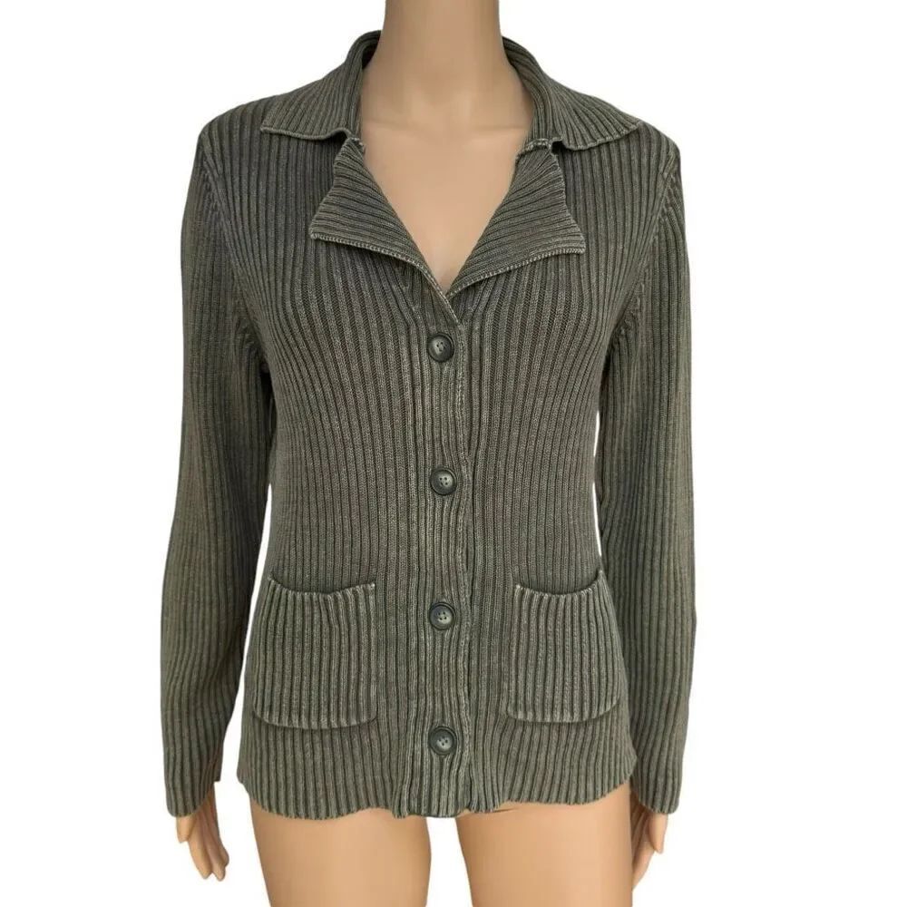  Woolrich Ribbed Knit Cardigan Sweater ramie/cotton blend Light Olive Green Sz